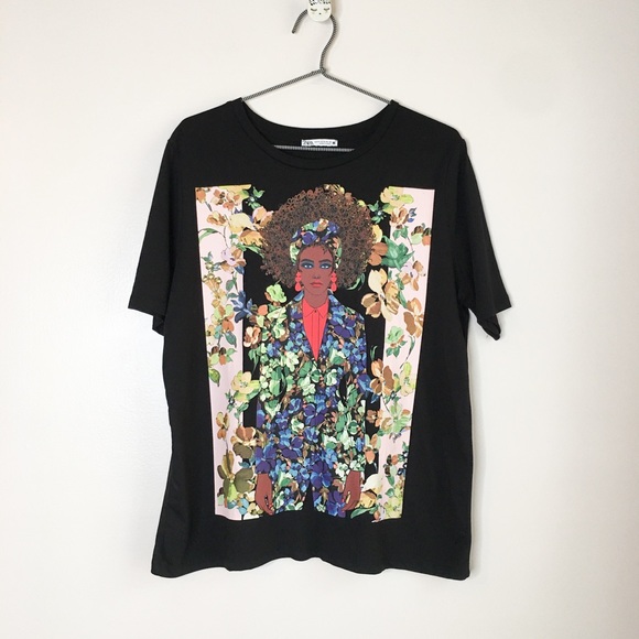 Zara Tops - Zara Floral Graphic T-Shirt Black Size Medium